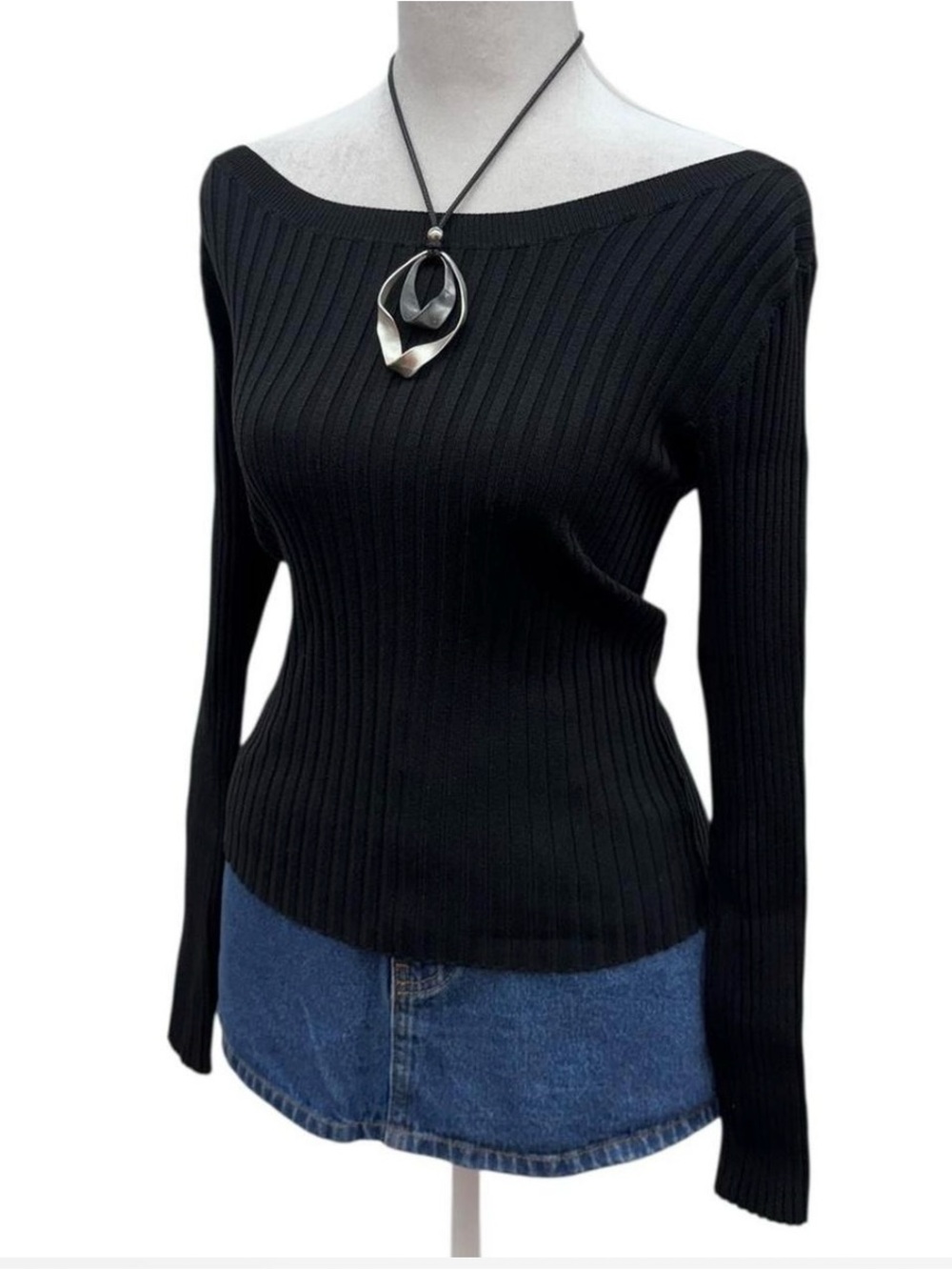 New York & Company Black Ribbed Off-Shoulder Sweater